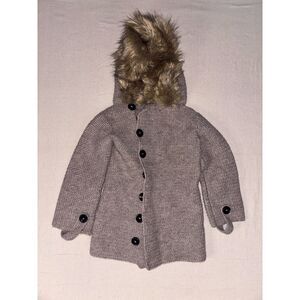 Vintage-Style Chunky Knit Hooded Coat – Faux Fur Trim
